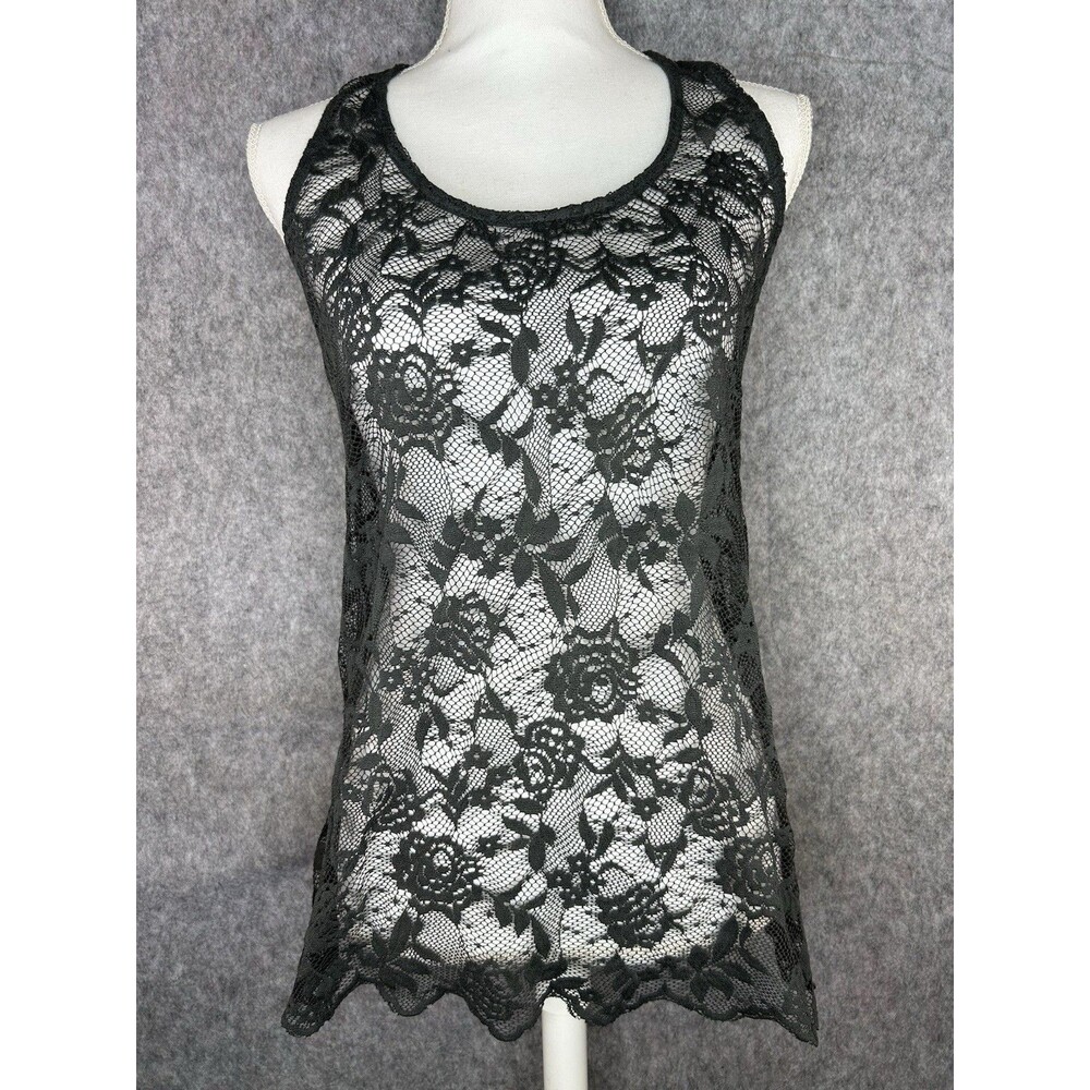 Bershka Black Lace Tank Top Racerback Whimsigoth Floral Scoop Neck Cami Size L